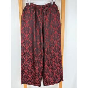 Krista Larson Red Black Flocked Floral Silk Waist Wide Leg Cuffed Pant OS